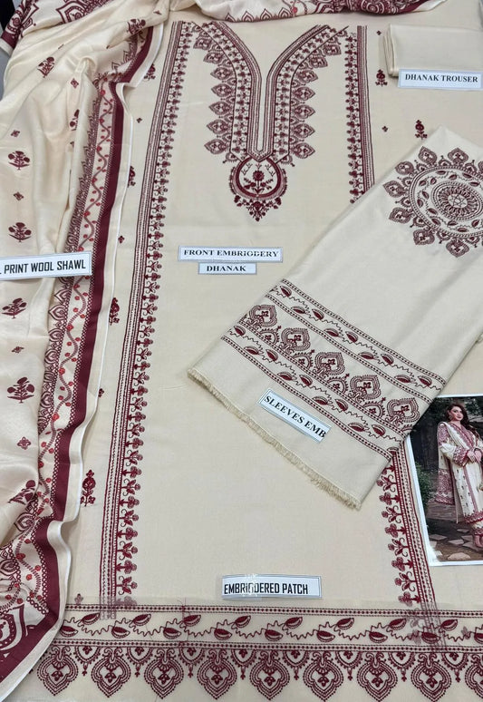 3Pcs Women's Unstitched Embroidered Suit