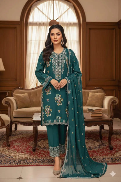 3Pcs Women's Unstitched Embroidered Suit