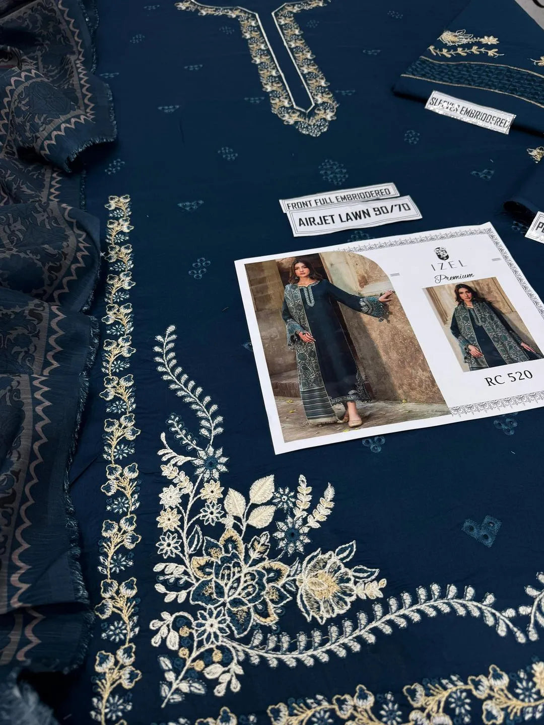 IZEL 3Pcs Women's Unstitched Embroidered Suit