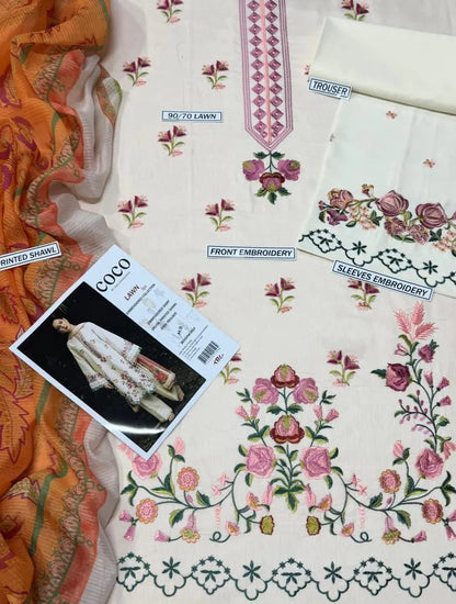 Most Trending Lawn 3 Pcs Unstitched Embroidered Suit