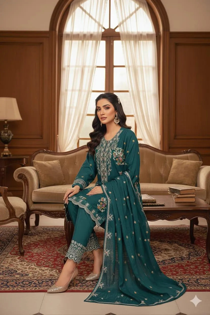 3Pcs Women's Unstitched Embroidered Suit