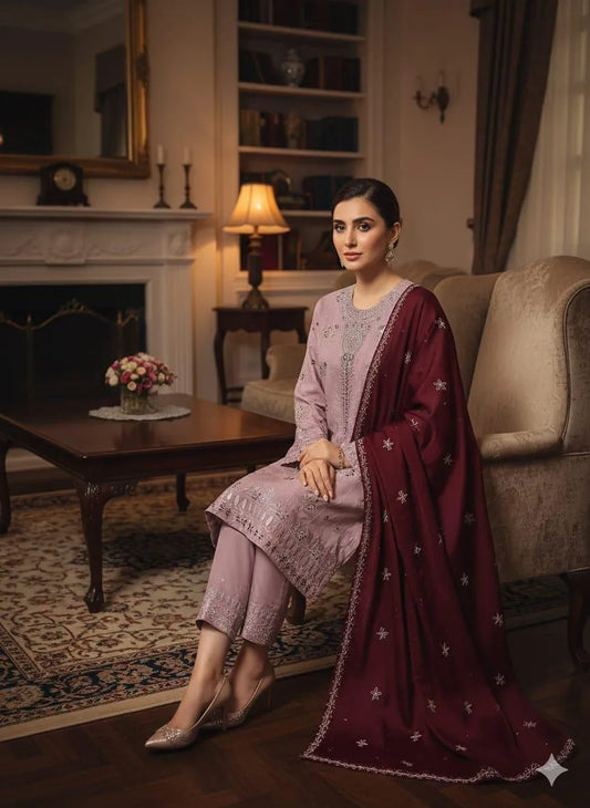 3Pcs Women's Unstitched Embroidered Suit